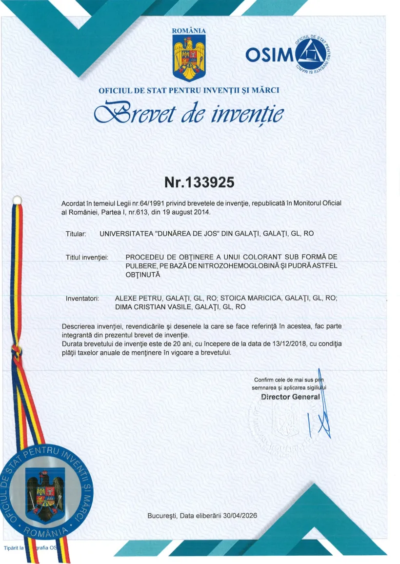 Invenție brevetată la UDJG pentru obținerea unui colorant alimentar cu aplicabilitate directă în industria cărnii