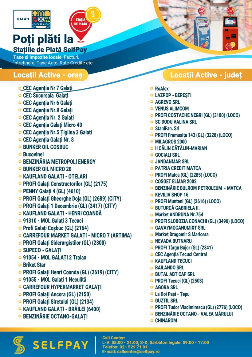 Lista locațiilor SelfPay din Galați unde pot fi plătite taxele și impozitele locale