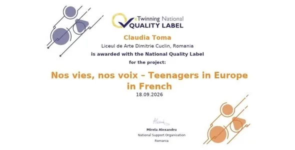 Un proiect internațional al Liceului de Arte din Galați a obținut Certificatul Național de Calitate!